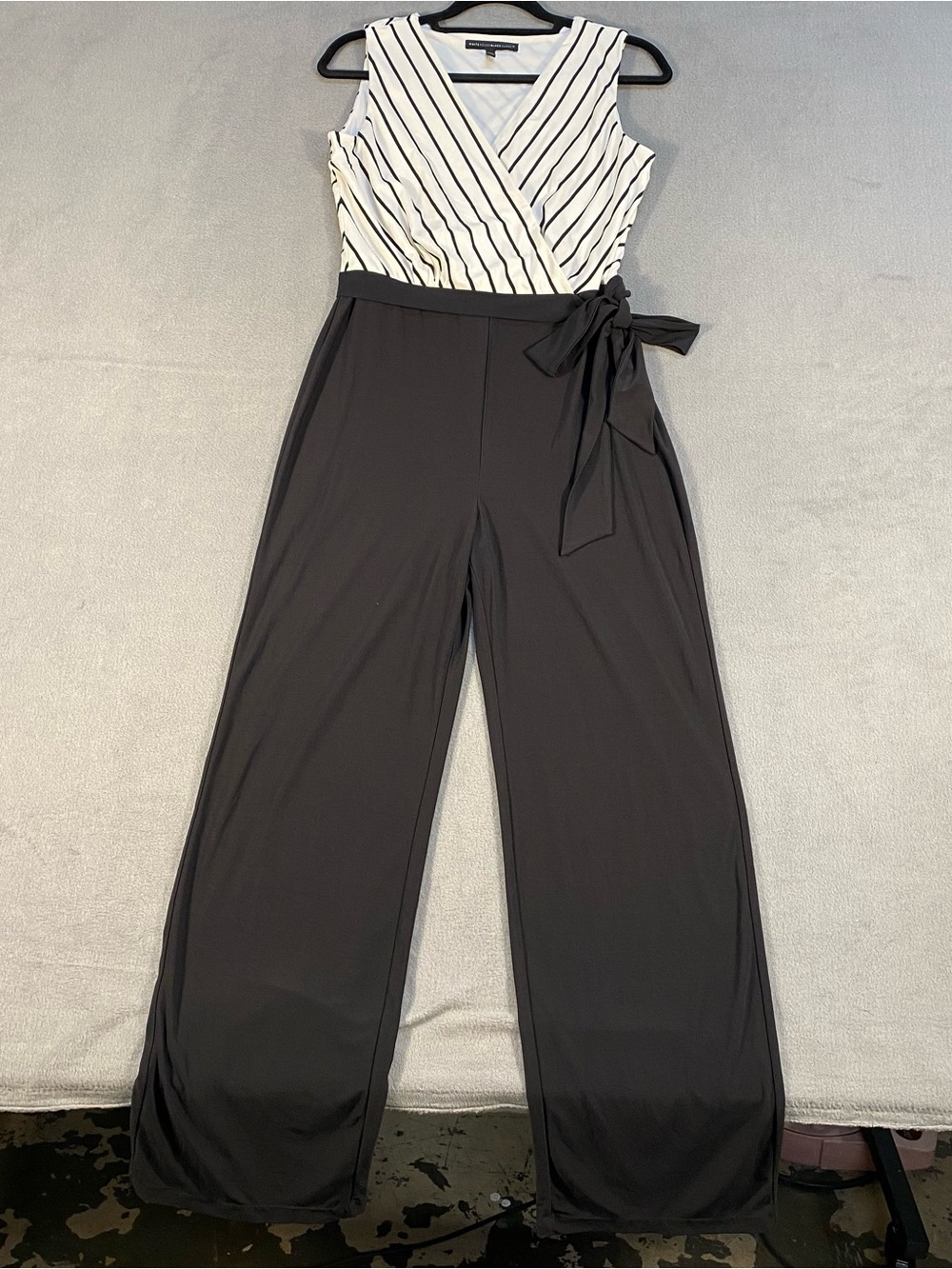 White House Black Market women’s Black & White Striped Faux Wrap Jumpsuit, S